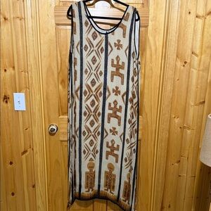 Pegasus Sleeveless Cream, Black & Brown Tribal Print Maxi Shift Dress, OSFA.